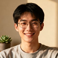 一位戴眼镜的年轻男性用户头像，笑容温暖，背景是简约的居家环境